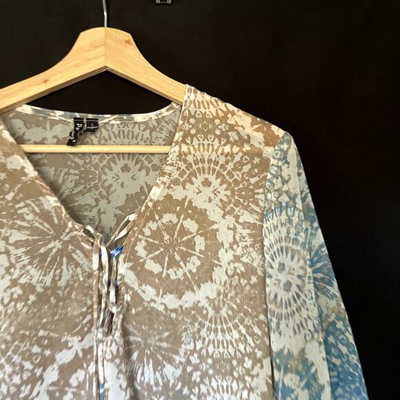Portocruz geometric blue tan beige swimsuit coverup long sleeves flowy boho L - Picture 2 of 8